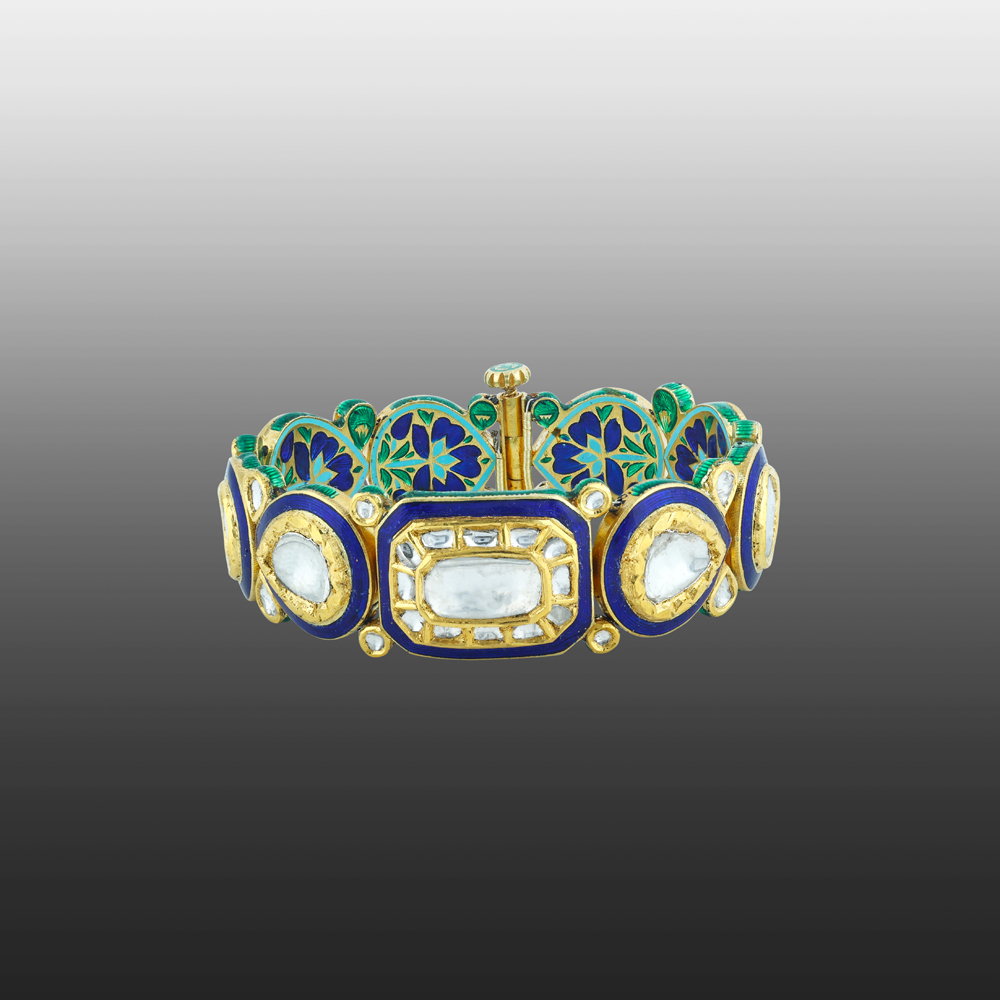 Polki Bracelet with Blue Enamel and Pear-Rectangle Motifs